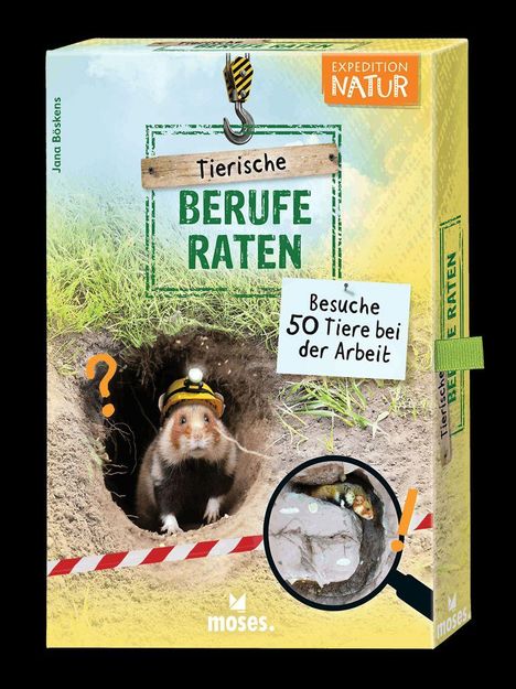 "Tierische Berufe raten", "Besuche 50 Tiere bei der Arbeit". Ein Hamster mit Bauarbeiterhelm schaut aus einem Loch heraus.