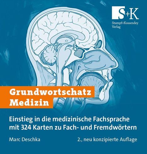 "Grundwortschatz Medizin", Illustration eines Gehirnschnitts, blaues Design, "Stumpf+Kossendey Verlag".