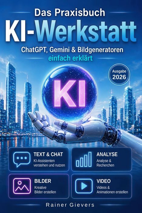 Titel: "Das Praxisbuch KI-Werkstatt: ChatGPT, Gemini & Bildgeneratoren einfach erklärt". Eine Roboterhand hält eine leuchtende Kugel mit "KI".
