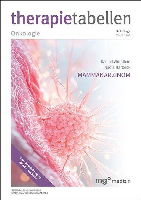 Aufschrift: "therapietabellen", "Onkologie", "MAMMAKARZINOM"; rosa Illustration von Krebszellen, "mg medizin" Logo.