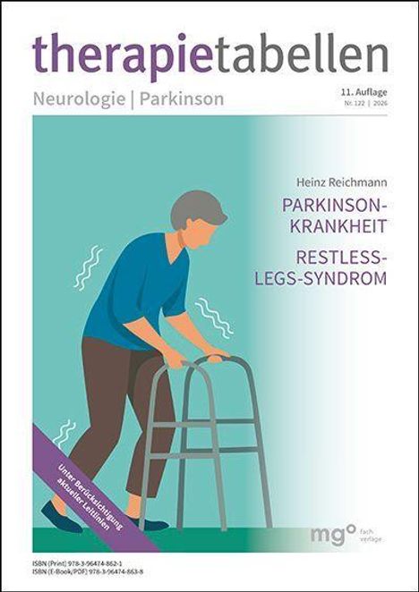 Text: "therapietabellen, Neurologie | Parkinson, Heinz Reichmann, PARKINSON-KRANKHEIT, RESTLESS-LEGS-SYNDROM." Illustration: Person mit Rollator.