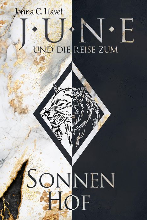 Text: "Jorina C. Havet", "J.U.N.E und die Reise zum Sonnenhof". Illustration: Wolf in geometrischem Muster, goldene Textur.