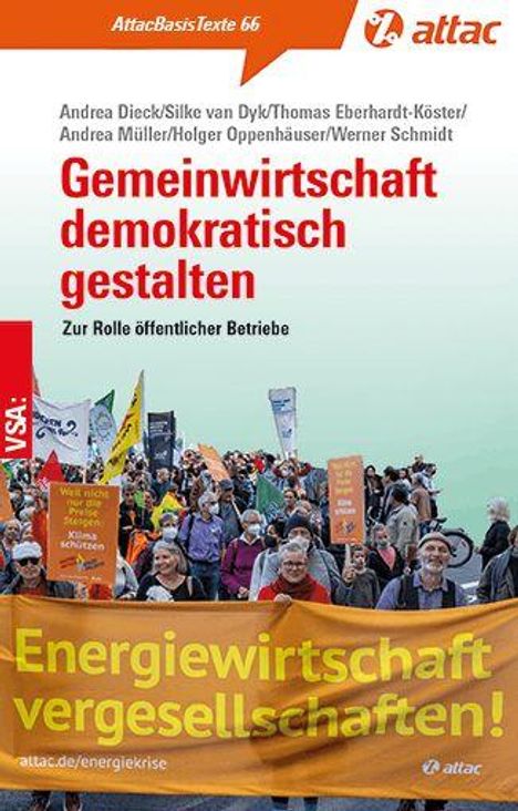 Oben: "AttacBasisTexte 66", "Gemeinwirtschaft demokratisch gestalten". Unten: Menschenmenge mit Bannern.