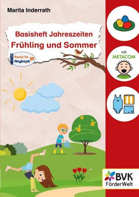Bas sheft Jahreszeiten: Frühling und Sommer. Illustrationen von Kindern und Bäumen, ein roter Rand rechts mit Symbolen.
