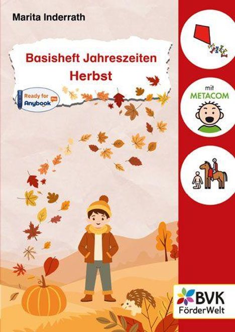 "Basisheft Jahreszeiten Herbst" steht oben. Ein Kind in Herbstkleidung steht mit Blättern umgeben. BVK-Logo unten rechts.