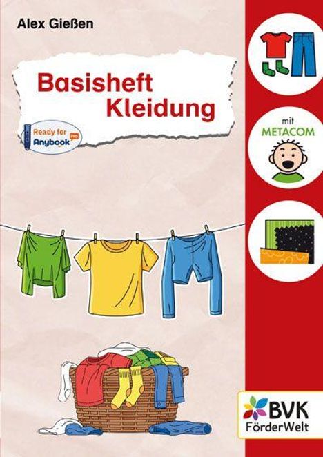 "Basisheft Kleidung" zeigt Wäsche an der Leine und im Korb, mit Icons für Metacom und BVK Förderwelt-Logo.
