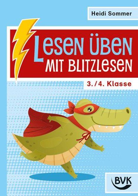 "Lesen üben mit Blitzlesen 3./4. Klasse" zeigt ein fröhliches Krokodil im Superhelden-Outfit auf blauem Hintergrund.