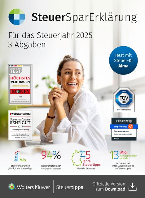 „SteuerSparErklärung für das Steuerjahr 2025, 3 Abgaben.“ Frau lächelt, diverse Bewertungen und Logos.