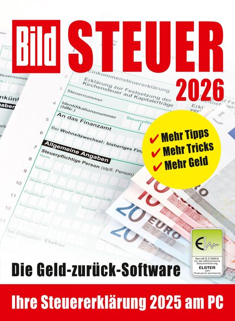 "Bild STEUER 2026. Mehr Tipps, Mehr Tricks, Mehr Geld. Die Geld-zurück-Software. Ihre Steuererklärung 2025 am PC."
