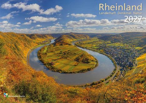 Text: "Rheinland Landschaft Denkmal Natur 2027." Rhein fließt durch herbstliche Hügel und Dörfer mit lebendigen Farben.
