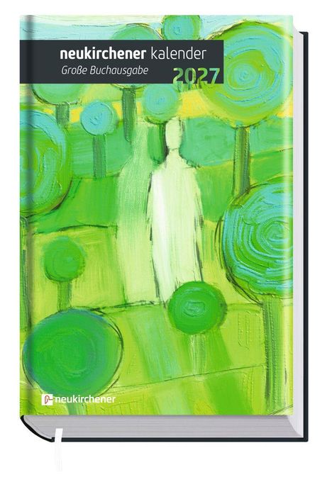 „neukirchener kalender Große Buchausgabe 2027“. Illustration: Grüner Hintergrund, abstrakte Bäume und eine Figur.