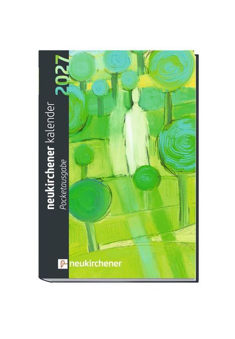 Text: "neukirchener kalender 2027, Pocketausgabe". Abstrakte grüne Landschaft mit stilisierten Bäumen und Figur.