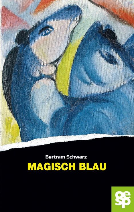 Bertram Schwarz, MAGISCH BLAU. Eine abstrakte Illustration mit blauem und gelbem Motiv. Logo unten rechts.