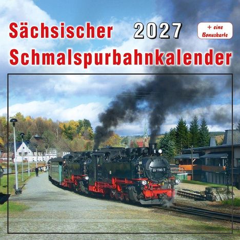 "Sächsischer Schmalspurbahnkalender 2027" steht oben, mit einem fahrenden Dampfzug durch herbstliche Landschaft.