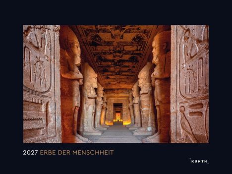 2027 ERBE DER MENSCHHEIT. Ein antiker Tempel mit großen, stehenden Statuen und Reliefs an den Wänden.