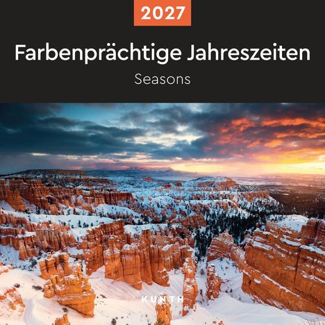 2027: Farbenprächtige Jahreszeiten. Seasons. Sonnenuntergang über schneebedeckten roten Felsen.