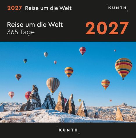 2027 Reise um die Welt. Heißluftballons schweben über verschneiten Felsen unter klarem blauen Himmel.