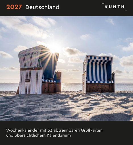 Oben: "2027 Deutschland". Unten: "Wochenkalender mit 53 abtrennbaren Grußkarten..." Zwei Strandkörbe am sandigen Strand bei Sonnenaufgang.