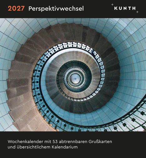 2027 Perspektivwechsel. Wochenkalender mit 53 abtrennbaren Grußkarten und übersichtlichem Kalendarium. Abgebildet: Wendeltreppe.