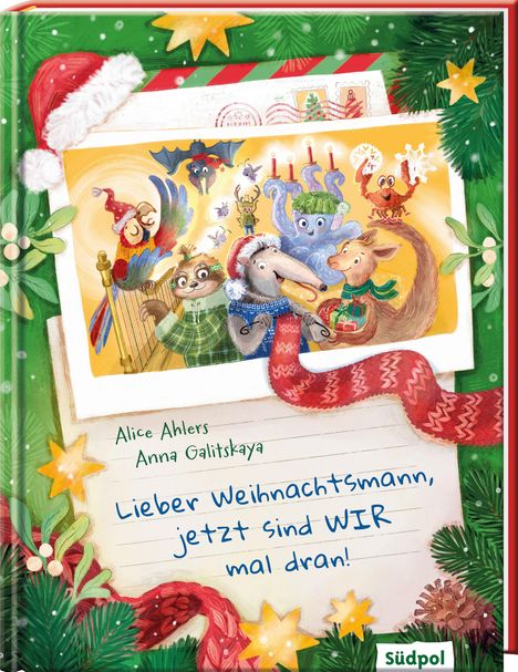 "Lieber Weihnachtsmann, jetzt sind WIR mal dran!" steht in blauer Schrift. Festliche Tierfiguren in Weihnachtskleidung.