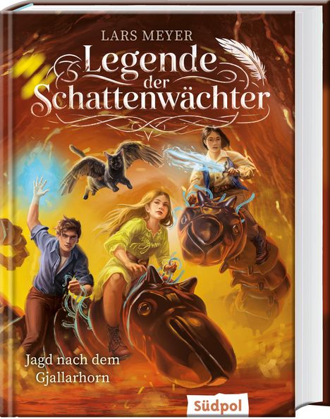 Buchtitel: "Legende der Schattenwächter". Untertitel: "Jagd nach dem Gjallarhorn". Cover zeigt zwei Jugendliche auf Kreaturen.