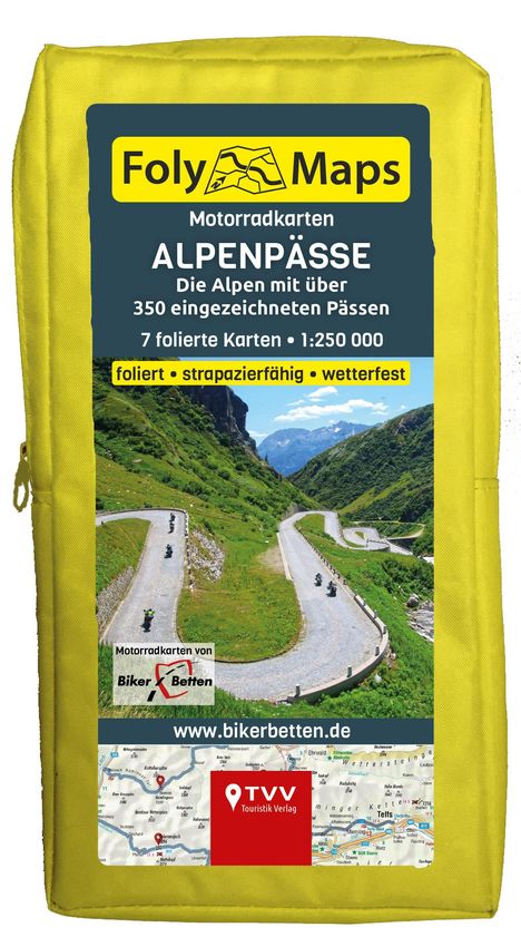 "Foly Maps" oben, "Alpenpässe", "7 folierte Karten", "www.bikerbetten.de". Gelbe Tasche, Serpentinenstraße mit Motorrädern.