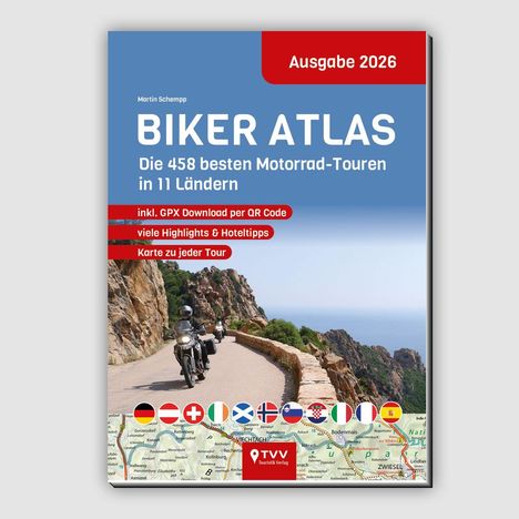 Biker Atlas 2026, 458 Motorradtouren, 11 Länder. Inkl. GPX Download, Highlights & Karten. Motorräder auf kurviger Straße.