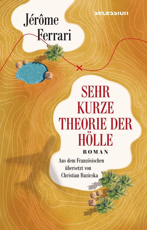 „Sehr kurze Theorie der Hölle“ von Jérôme Ferrari. Hintergrund: Topografische Karte, Teich, Pflanzen.