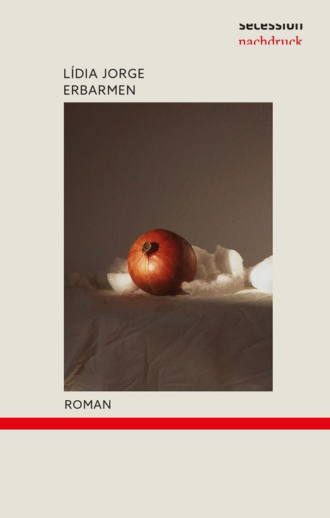 LÍDIA JORGE ERBARMEN. Ein Granatapfel liegt auf einem weißen Tuch im Lichtspiel von Schatten und Helligkeit.