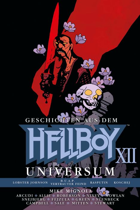 "Geschichten aus dem Hellboy Universum XII" steht auf dunklem Hintergrund mit roter Figur und violetten Blumen.