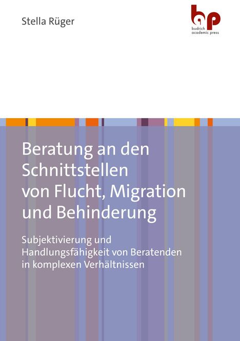"Beratung an den Schnittstellen von Flucht, Migration und Behinderung" steht auf einem abstrakt gestalteten Buchcover.