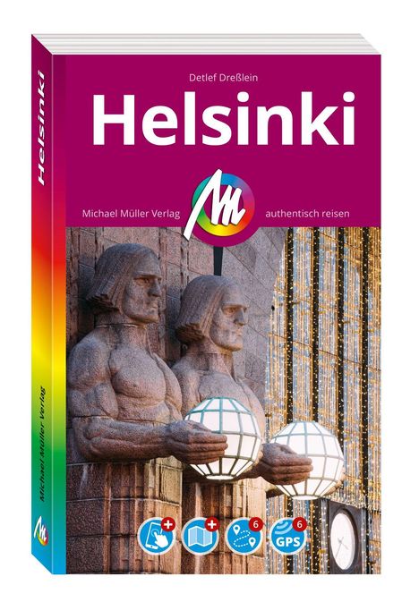 Text: „Helsinki“, „Detlef Dreßlein“, „Michael Müller Verlag“, „authentisch reisen“. Zwei Skulpturen halten leuchtende Kugeln.