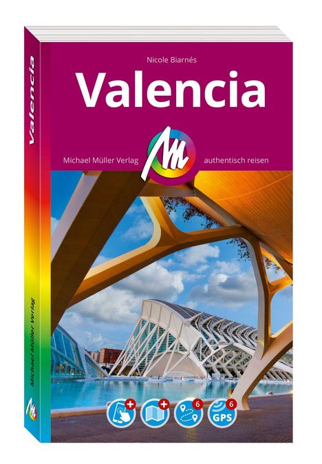 „Valencia“, Nicole Biarnés, Michael Müller Verlag. Moderner Gebäudekomplex, blaues Wasser, wolkiger Himmel.