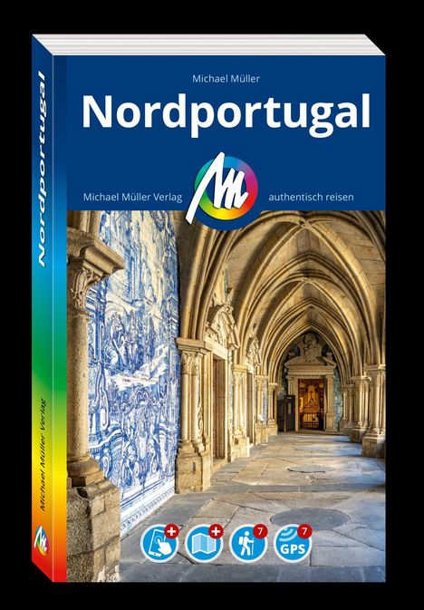 "Buchtitel: Nordportugal, Michael Müller Verlag. Abbildung: Kloster mit blauen Azulejos und gotischen Bögen. Logo in Farbe."