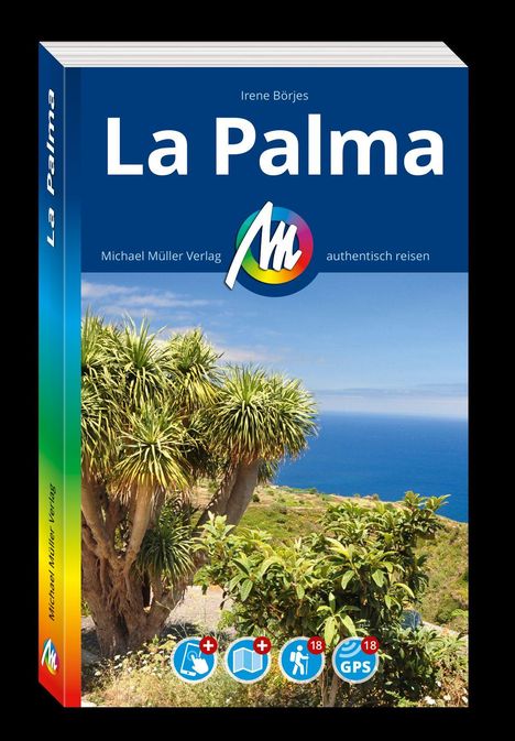 La Palma, Irene Börjes, Michael Müller Verlag. Palmen und Meerlandschaft, blau-grüner Hintergrund mit Müllerverlag-Logo.