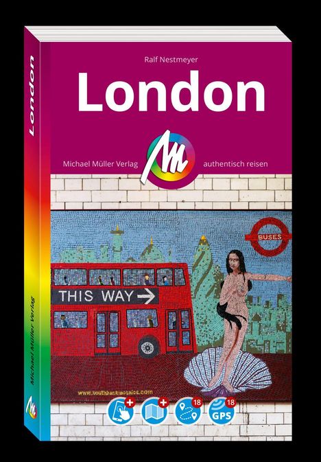 Titel "London", Autor Ralf Nestmeyer. Illustration: roter Bus, Schrift "THIS WAY", Frau auf Muschel.