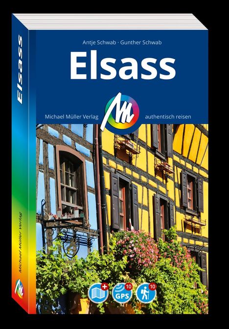 Cover des Reiseführers "Elsass", Michael Müller Verlag, zeigt ein Fachwerkhaus mit gelben und blauen Wänden.