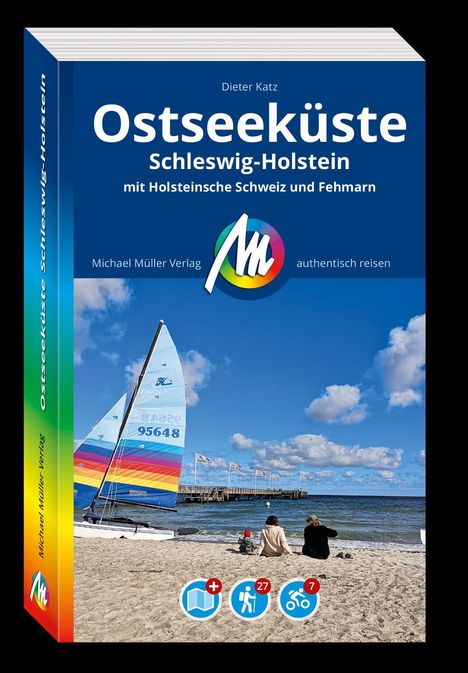 Ostseeküste Schleswig-Holstein Reiseführer. Segelboot am Strand. Logo Michael Müller Verlag.