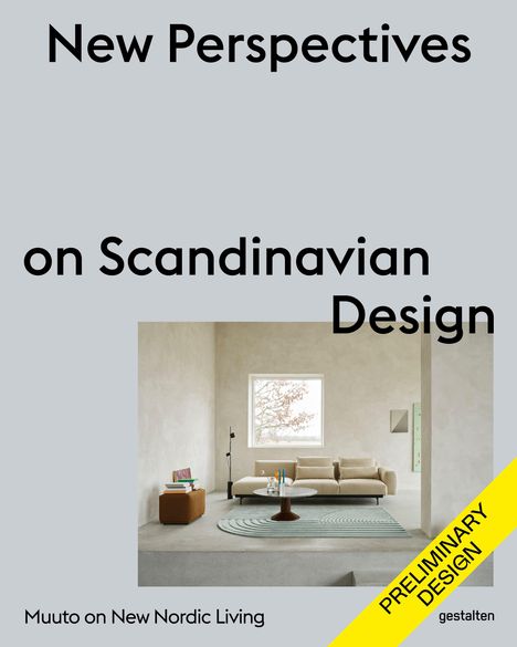 "New Perspectives on Scandinavian Design" und "PRELIMINARY DESIGN" in gelb; darunter modernes Wohnzimmer.