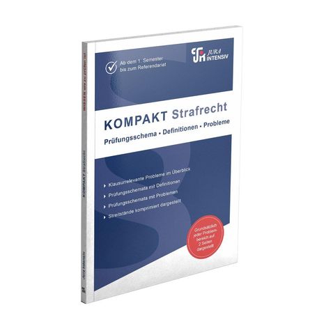 Titelseite eines Buches mit dem Titel "KOMPAKT Strafrecht", Jura Intensiv im Logo. Blau-weiße Gestaltung.