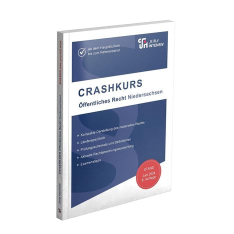 Buchcover: "CRASHKURS Öffentliches Recht Niedersachsen", kompakte Darstellung, Stand Juni 2024, 8. Auflage.