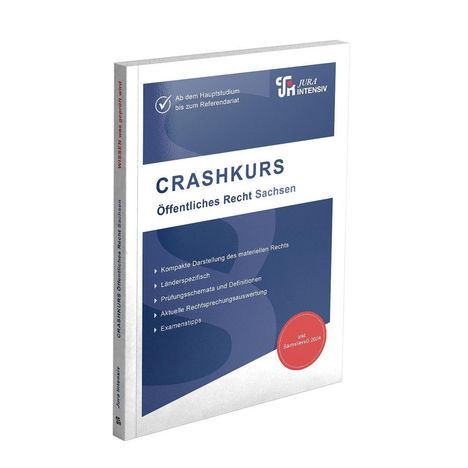 „Crashkurs Öffentliches Recht Sachsen“ auf Lehrbuchcover, mit weiteren Texten über Inhalte und Logo „Jura Intensiv“.