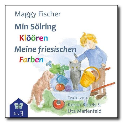 Oben: Maggy Fischer, "Min Sölring Klöören Meine friesischen Farben". Unten: Kinderzeichnung, Junge streichelt Katze.