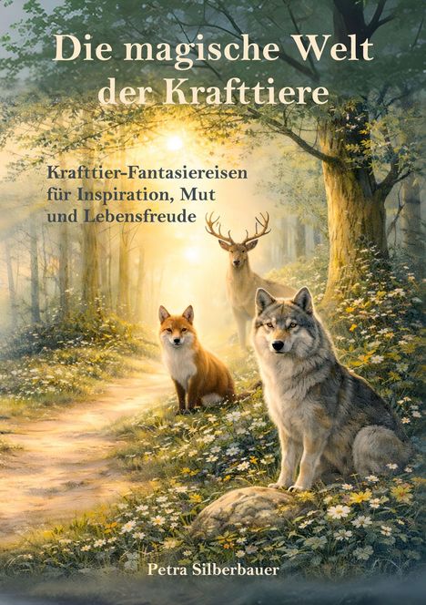 Text: "Die magische Welt der Krafttiere. Krafttier-Fantasiereisen für Inspiration, Mut und Lebensfreude. Petra Silberbauer." 

Illustration: Ein Hirsch, ein Fuchs und ein Wolf in einem Wald.