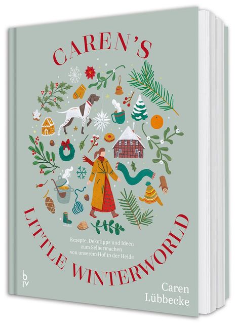 „CAREN'S LITTLE WINTERWORLD“ in roten Buchstaben, winterliche Illustrationen wie ein Hund, Tannen und ein Haus.