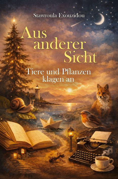 "Aus anderer Sicht: Tiere und Pflanzen klagen an." Illustration mit Fuchs, Vogel, Schnecke, Schreibmaschine, Buch, Tasse.
