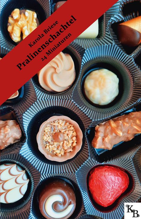 Pralinenschachtel von Karola Briese, 24 Miniaturen, verschiedene Pralinen in einer Box, Logo mit "KB" unten rechts.