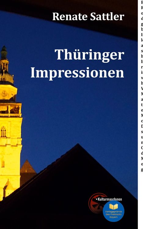 "Renate Sattler: Thüringer Impressionen". Eine beleuchtete Turmspitze vor dunkelblauem Himmel, unterer Bereich mit Logo.