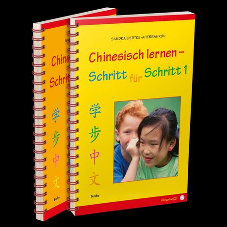 Zwei gelbe Bücher mit Spiralbindung, Titel: "Chinesisch lernen – Schritt für Schritt 1". Bild von zwei Kindern.