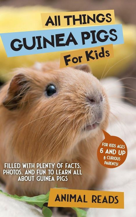 Der Text beschreibt ein Buch über Meerschweinchen für Kinder, empfohlen für Altersgruppen ab 6 Jahren. Ein Meerschweinchen-Foto ziert das Cover.